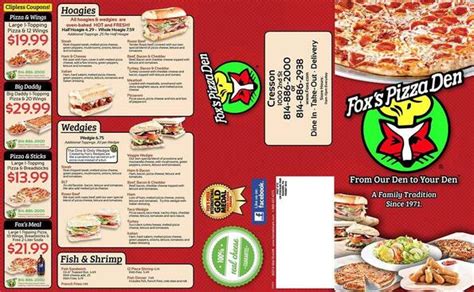 Menu at Fox's Pizza Den pizzeria, Cresson, 2nd St