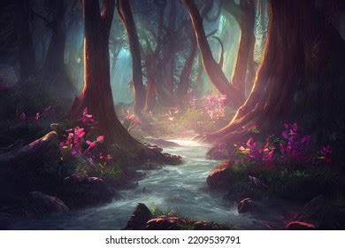 Mysterious Night Forest Landscape Calm River Stock Illustration ...