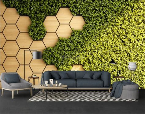 3D Look Honeycomb Pattern and Fresh Grass Wallpaper Mural | Green wall design, Geometric ...