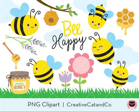 Bee Clipart, Cute Spring Bee Flower and Honey, Happy Bee With Honey Jar ...