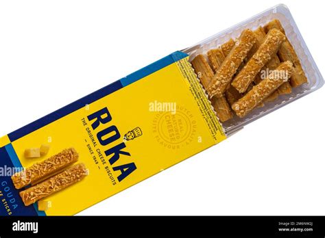 Box of Roka Gouda cheese sticks the original cheese biscuits opened to show contents set on ...