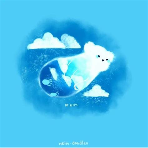 a polar bear floating in the sky with clouds around it and an ...