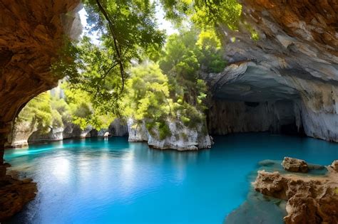 Premium Photo | A cave with a blue cave and a blue water cave