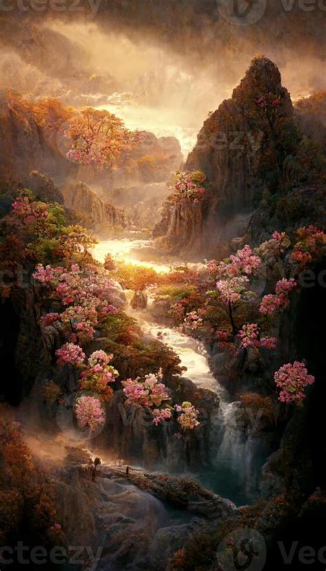 painting of a waterfall surrounded by flowers 22959924 Stock Photo at Vecteezy