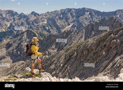 Germany, Garmisch-Partenkirchen, Alpspitz, Female hiker hiking Stock ...