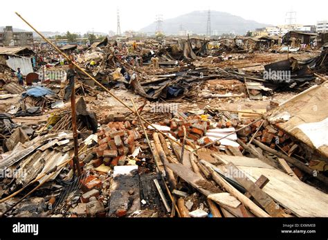 Demolition of illegal slums on the Mankhurd Link Road in Bombay now Mumbai ; Maharashtra ; India ...