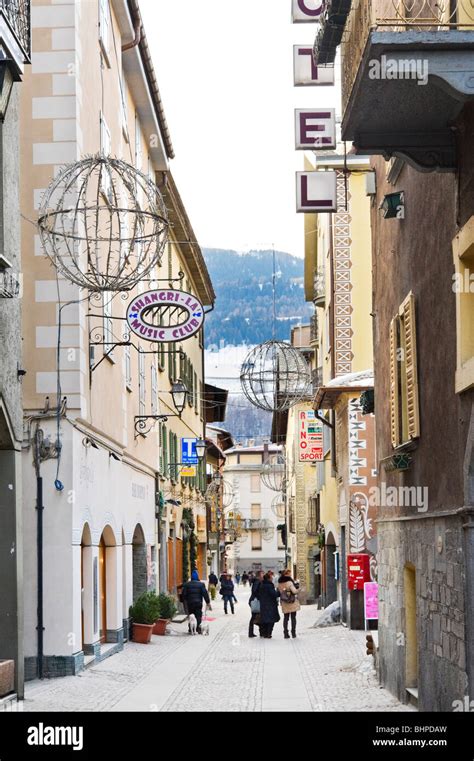 Main street in the centre of the historic spa town of Bormio, Italy ...