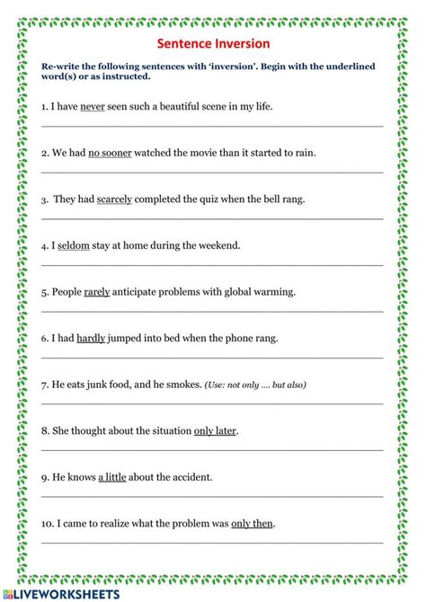 Sentence Inversion Worksheet | Free Printable PDF