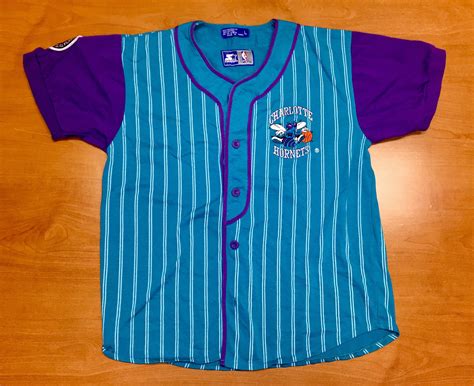 Vintage 1990s Charlotte Hornets Starter Baseball Jersey alonzo mourning michael jordan hershey ...