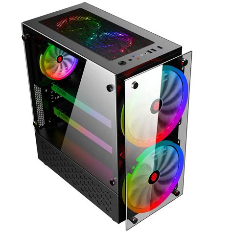 RGB Computer Case Double Side Tempered Glass Panels ATX Gaming Cooling PC Case with Two 20cm ...