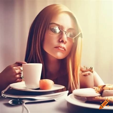 Modern woman having breakfast in the city on Craiyon