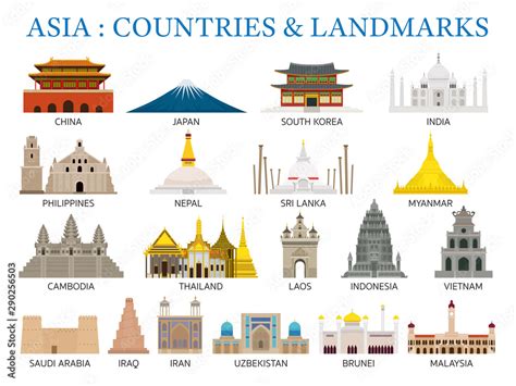 Asia Countries Landmarks in Flat Style Stock Vector | Adobe Stock