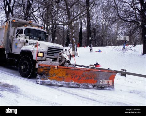 Snow plow in Central Park New York City. Sanitation Department road ...