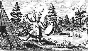 Reindeer in Siberian shamanism - Tungus shaman wearing antlers, 17th century drawing. | Shaman ...