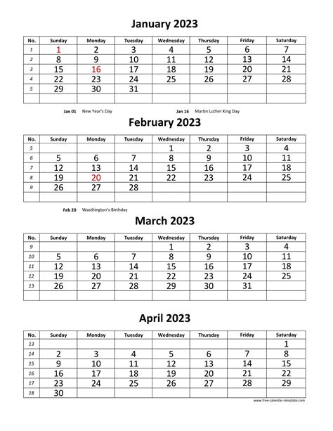 Monthly 2023 Calendar 4 months per page (vertical) | Free-calendar ...