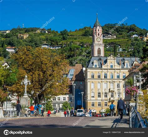 Merano in South Tyrol, a beautiful city of Trentino Alto Adige, Autumn view of the Cathedral of ...