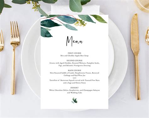 Greenery Wedding Menu Template, Printable Wedding Dinner Menu, DIY Gre ...