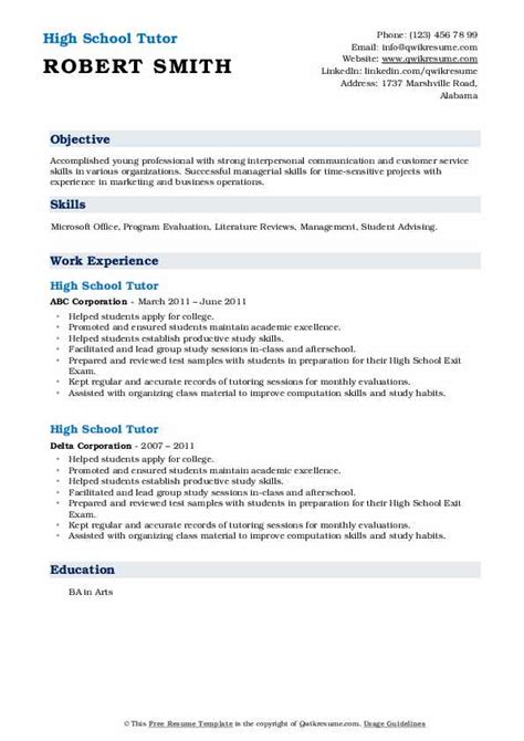 High School Tutor Resume Samples | QwikResume