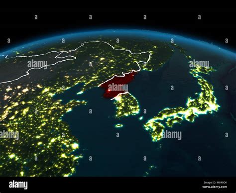 Space orbit view of North Korea highlighted in red on planet Earth at ...