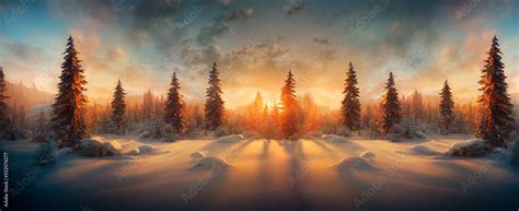 Winter landscape wallpaper with pine forest covered with snow and scenic sky at sunset. Snowy ...