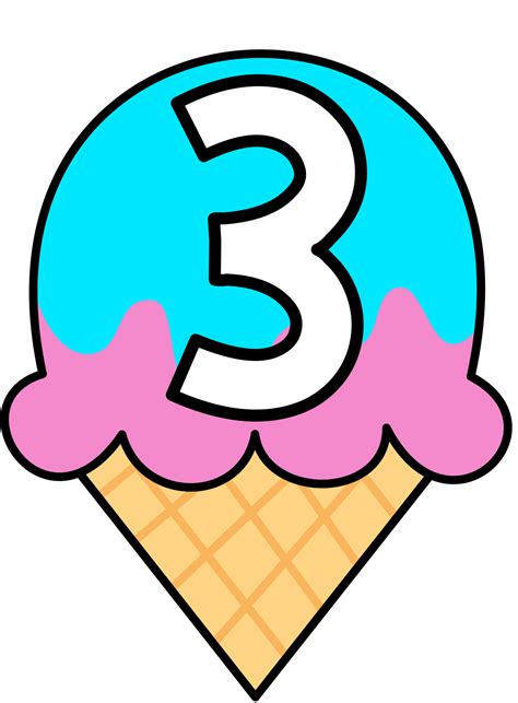an ice cream cone with the number three on it's top and two scoops