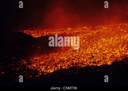 Volcanic eruption with lava flow, Eldfell Volcano, Heimaey, Westmann Isles, Iceland, 1973 Stock ...