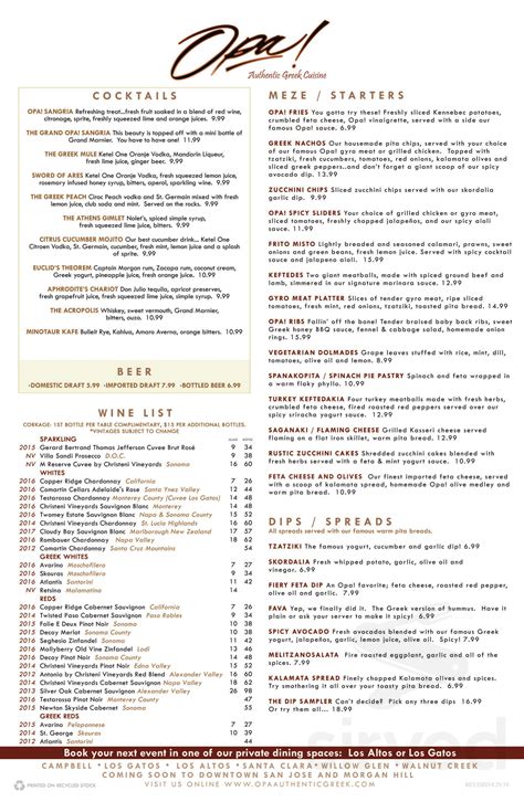 Opa! menu in Los Altos, California, USA