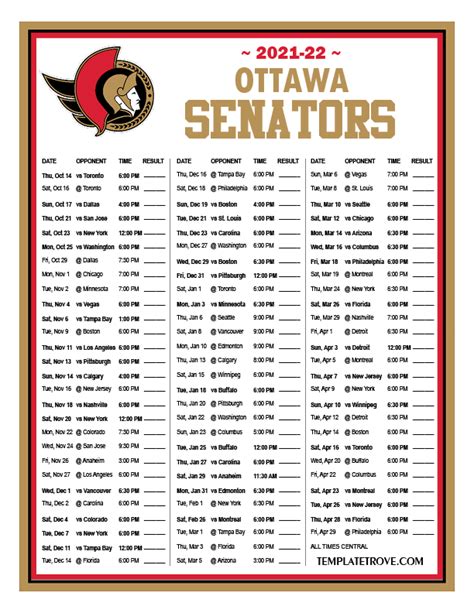 Printable 2021-2022 Ottawa Senators Schedule