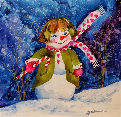 Kathy Los-Rathburn, watercolorist: Snow woman - wc on canvas