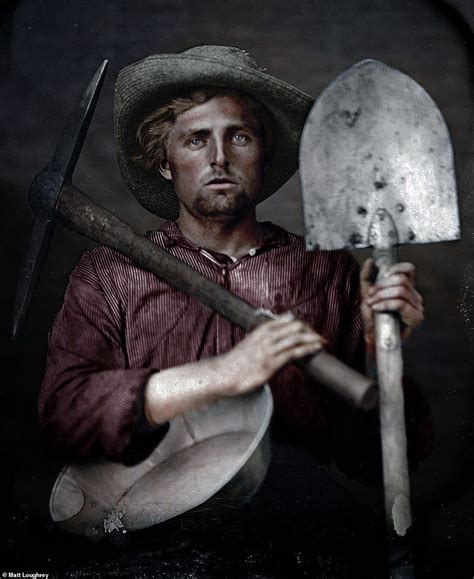 A Gold Rush miner posing with tools In 1851. The young miner looks at the camera, defying the ...