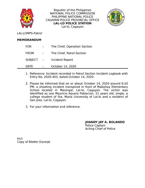 Incident Report Samples - Republic of the Philippines NATIONAL POLICE ...