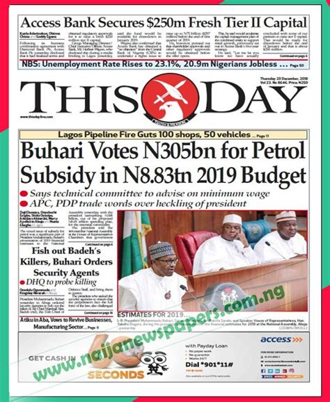 Nigerian Newspapers Front Page Headlines, Thursday 20th December 2018 ...