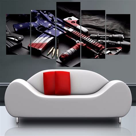 Framed 5 Pcs Gun with American Flag Painting Printed Canvas Wall Art ...