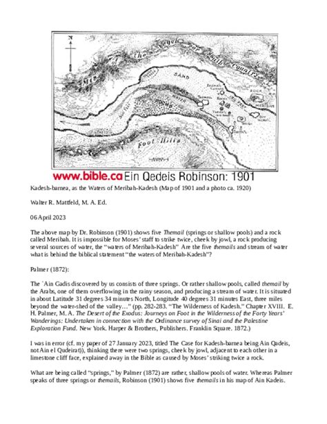 Kadeshbarnea, as the Waters of Meribah-Kadesh (Map of 1901 and a photo ...