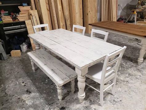 White Farmhouse Table Set, With Chairs and a Bench. Weathered White Top ...