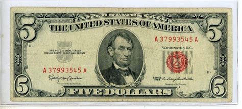 1963 red seal 5 dollar bill # 940 | #4557810121