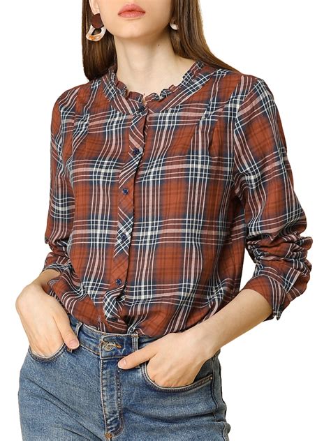 Women's Fall Blouse Long Sleeve Ruffle Neck Plaid Shirt - Walmart.com