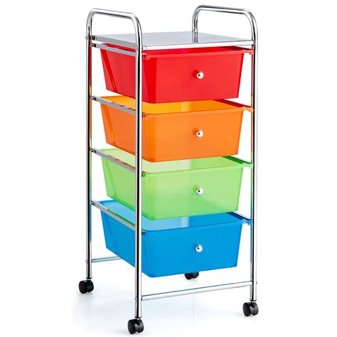 Costway 4-Drawer Cart Storage Bin Organizer Rolling w/Plastic Drawers ...