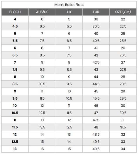 Bloch Ballet Flats - Size Charts