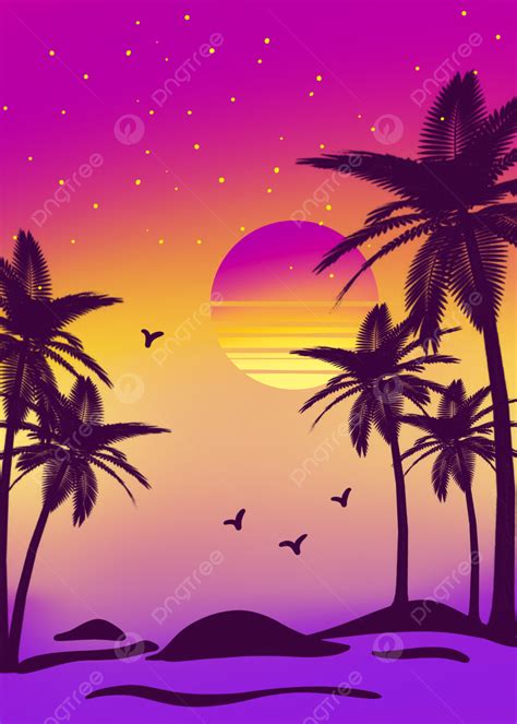 Gradient Color Starry Sky Summer Beach Coconut Tree Sunset Background ...
