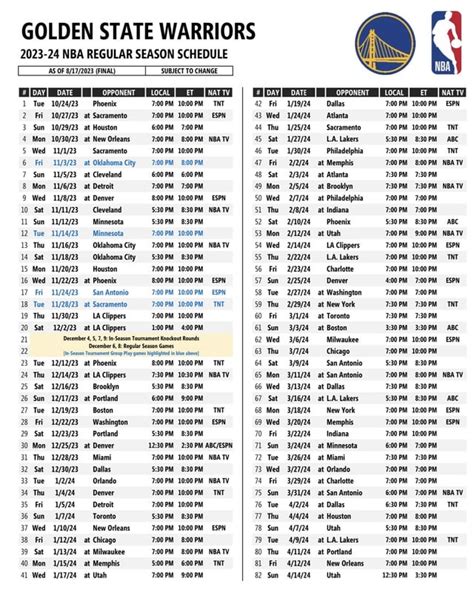 Golden State Warriors Schedule 2024 Printable - Alys Lynnea