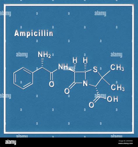 Ampicillin, antibiotic drug, Structural chemical formula on a white ...