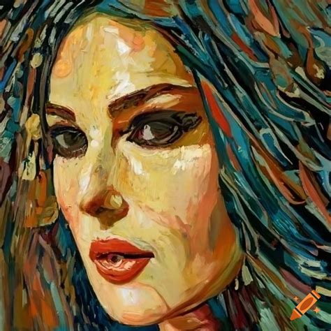 Art deco painting of monica bellucci on a van gogh background on Craiyon