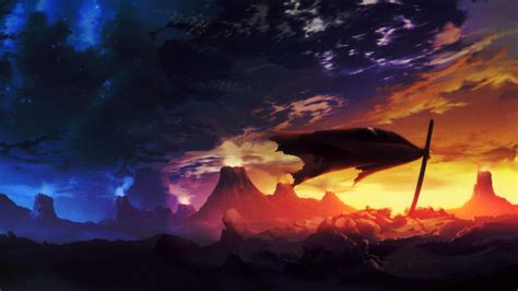 Mountains blue and orange half sky digital wallpaper, katana, Tengen ...