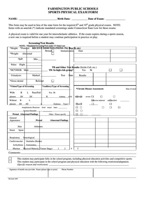 Farmington Public Schools Sports Physical Exam Form printable pdf download