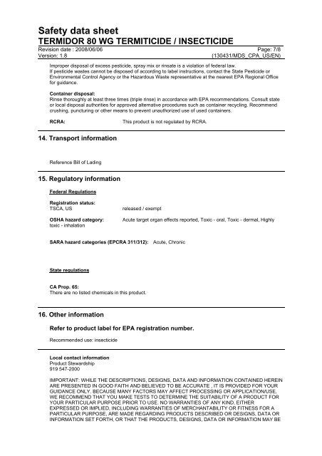 Safety data sheet TERMIDOR 80 WG TERMITICIDE / INSECTICIDE