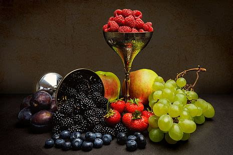 HD wallpaper: silver fruit basket painting, raspberry, lemon, butterfly ...
