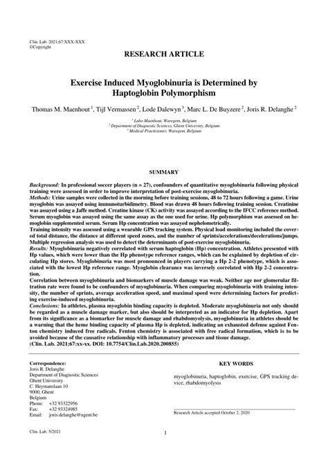 (PDF) Exercise Induced Myoglobinuria is Determined by Haptoglobin Polymorphism