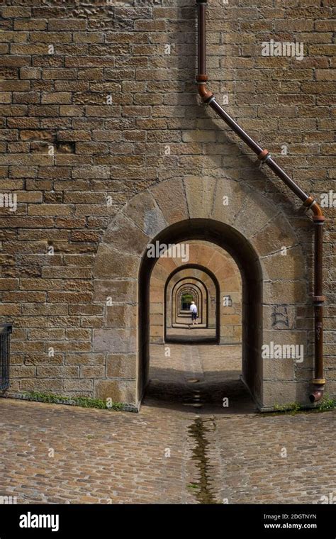 Morlaix, France - August 28, 2019: Looking through the arches in the ...