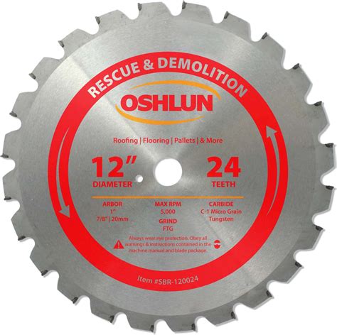 Rescue Saw Blade, 12" x 24T x 1" Arbor, Oshlun SBR-120024